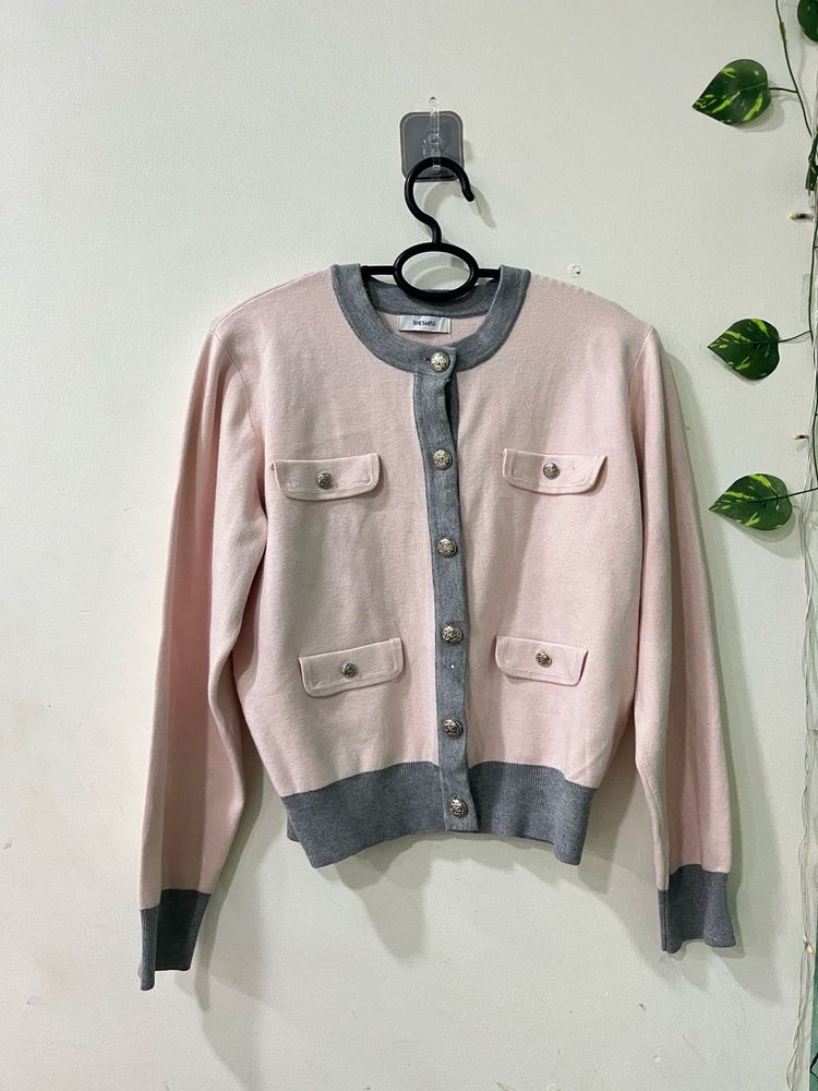 Chic Pink &amp; Grey Button-Up Cardigan