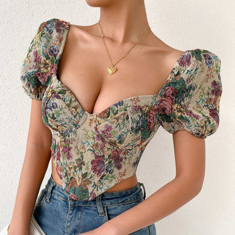 Floral Corset Style Puff Sleeve Top