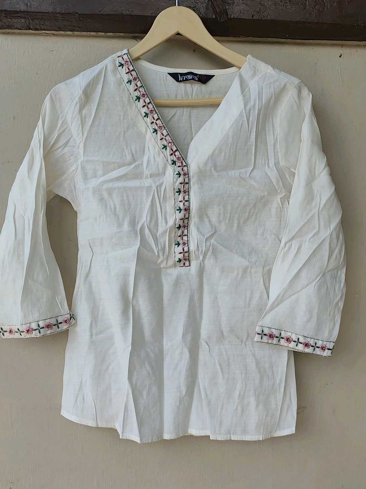 White Embroidered Kurti Top
