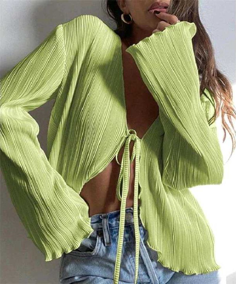 Green bell long sleeve front tie top