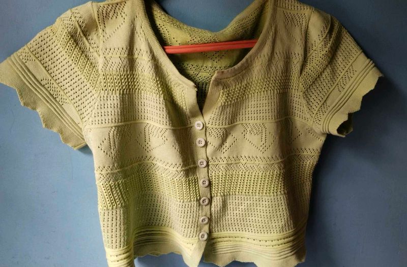 light green knitted button-front crop top