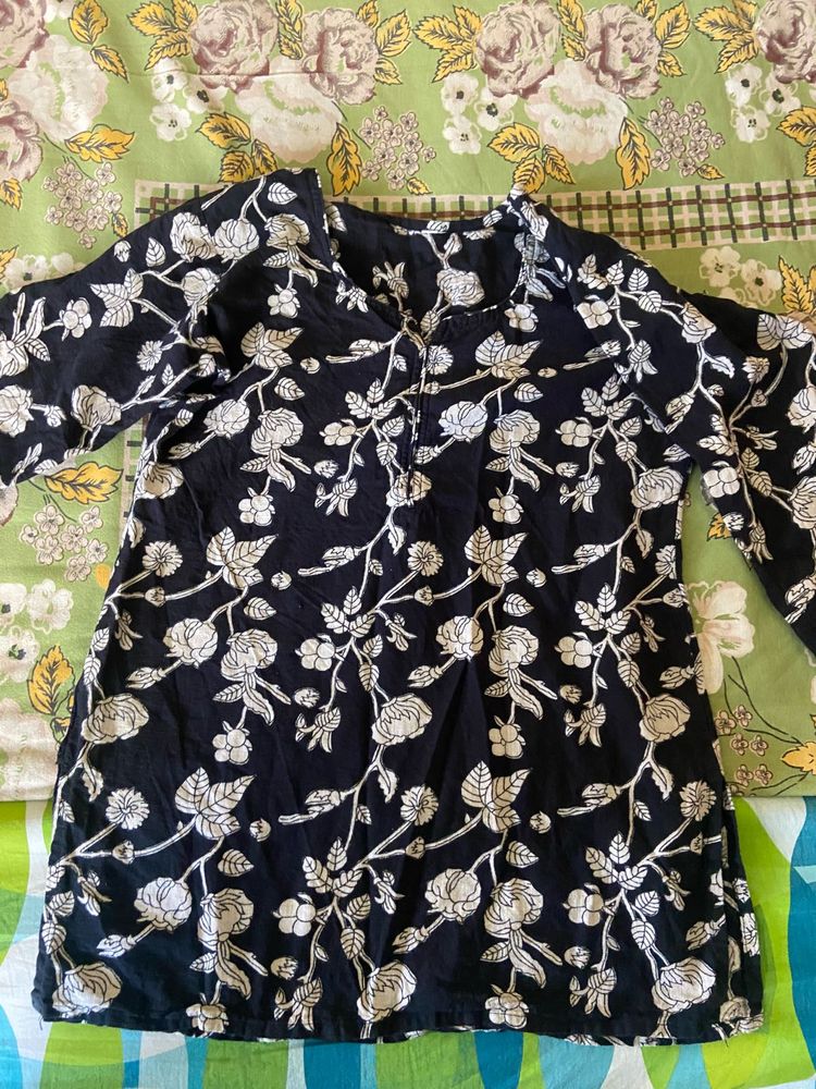 Black Floral Print Kurta