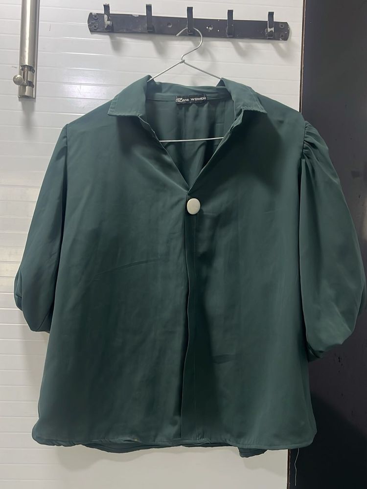 Stylish Dark Green Puff Sleeve Top