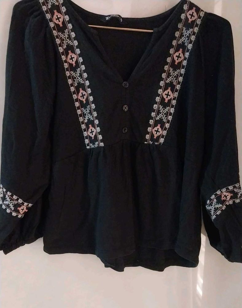 Black Embroidered V-Neck Top