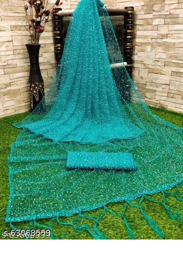 Sparkling Teal Net Saree with Blouse
