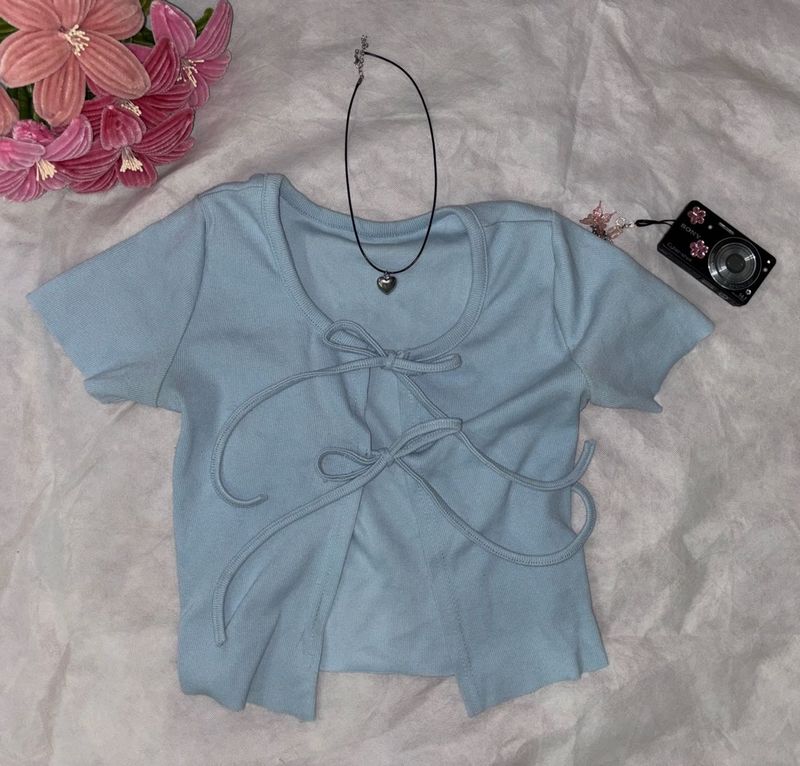 Baby Blue Tie-Front Bow Crop Top