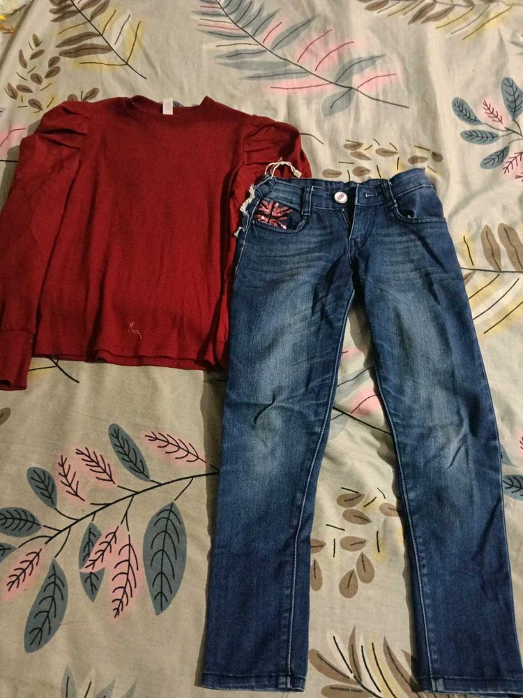 Chic Red Top &amp; Blue Jeans Set