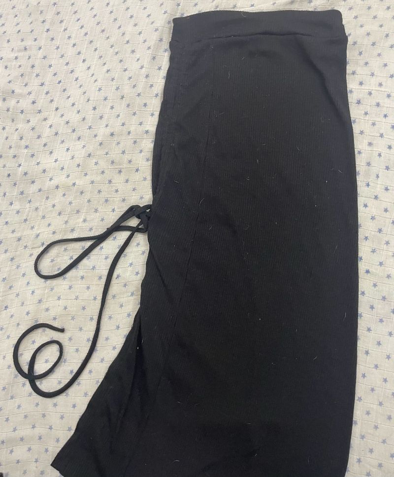 Black Ruched Drawstring Midi Skirt