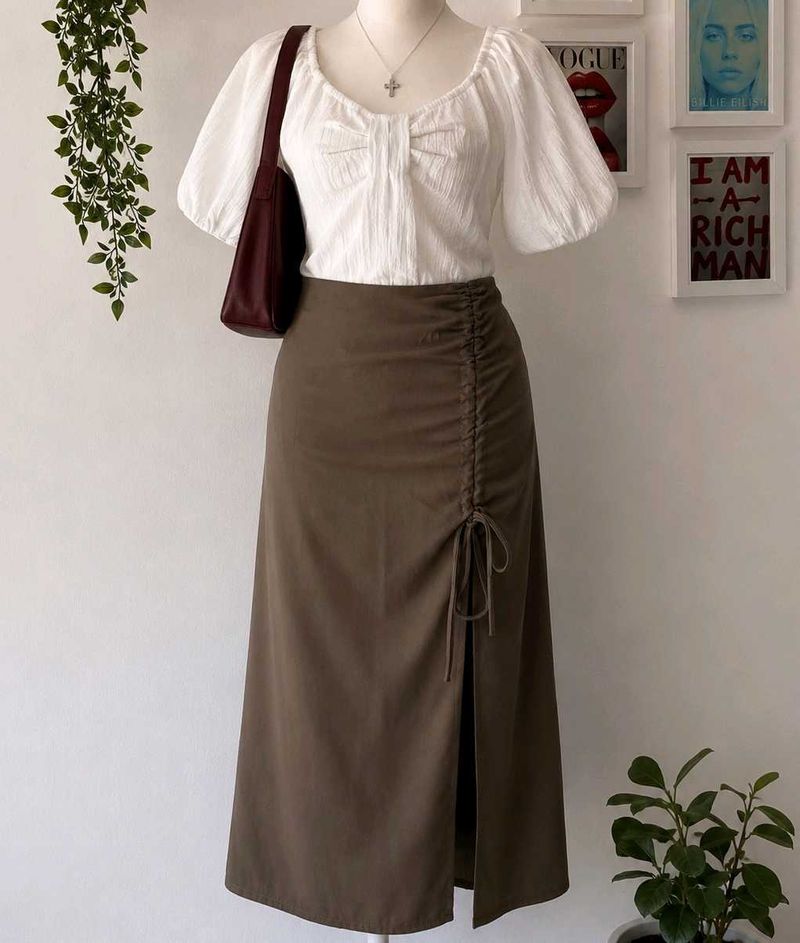 Brown midi skirt with drawstring