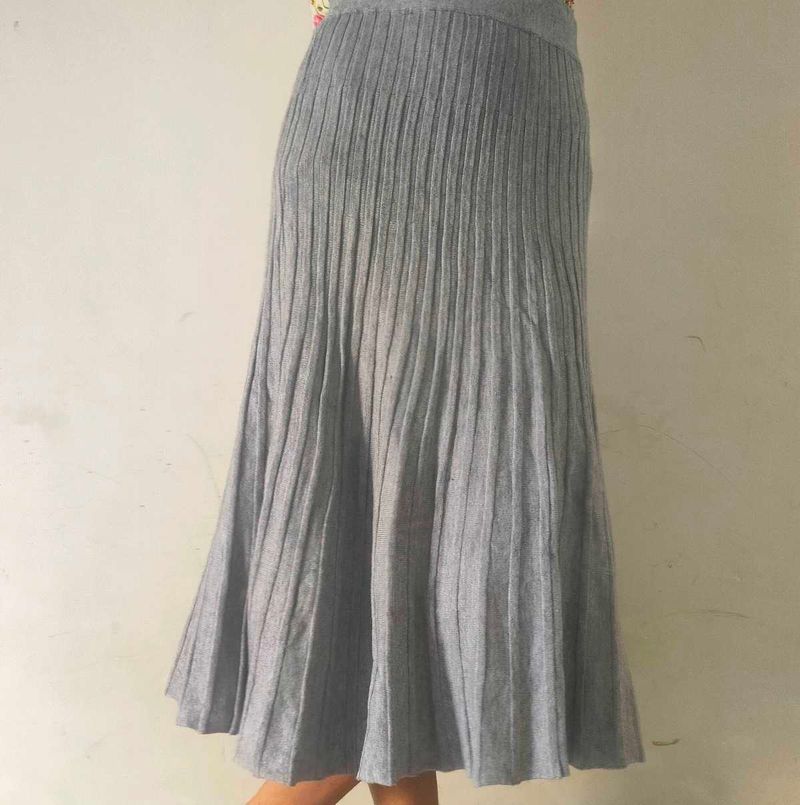 Grey Pleated Midi Skirt