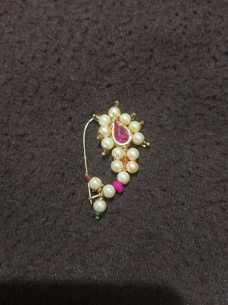 Traditional Kundan Nose Ring with Pearls