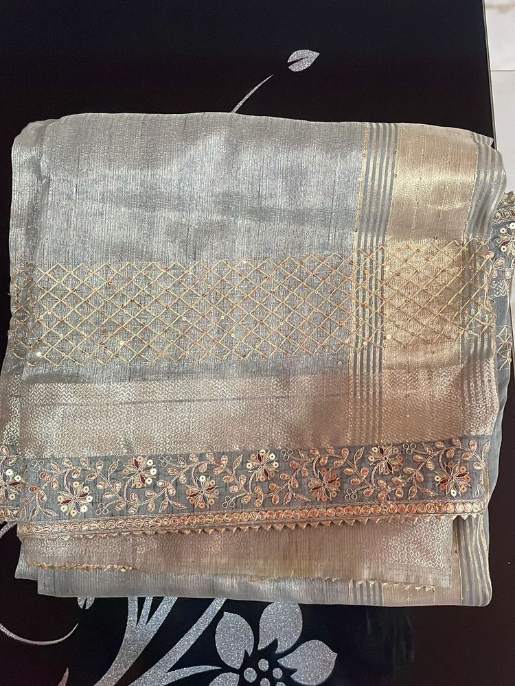 Elegant Grey Embroidered Saree