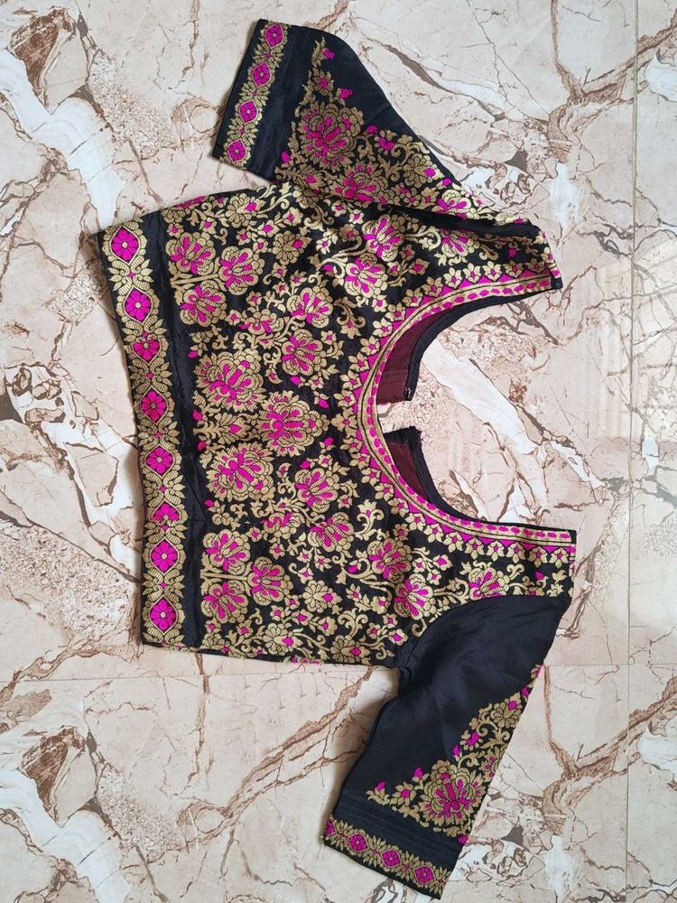 Black Brocade Blouse with Pink Embroidery