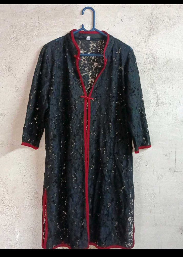 Elegant Black Lace Kurta with Red Trim