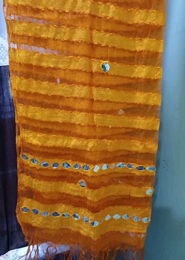 Orange Striped Dupatta with Mirror Work