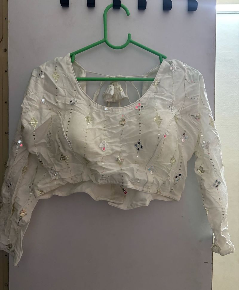 Elegant White Blouse with Mirror Work