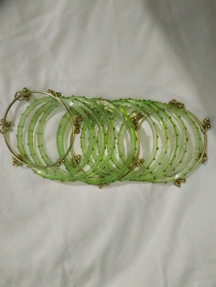 trendy Kashmiri gold and glass Green Bangles