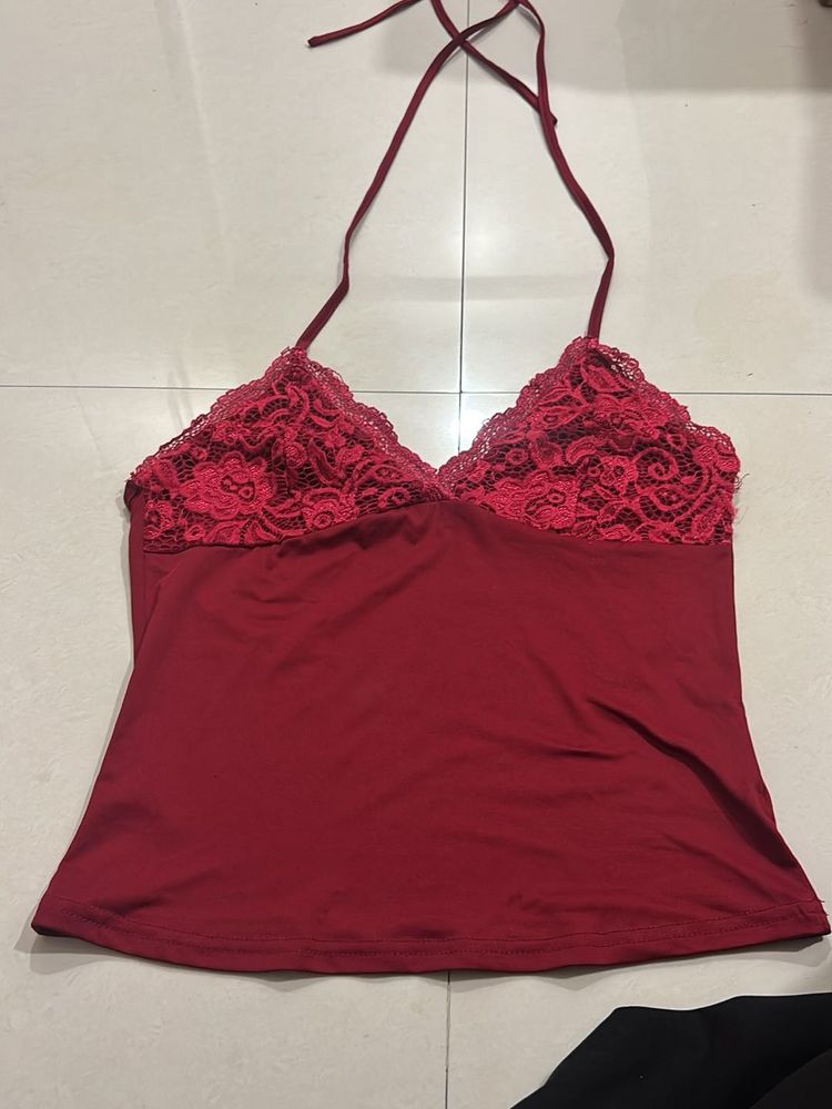 Red Lace Trim Halter Top
