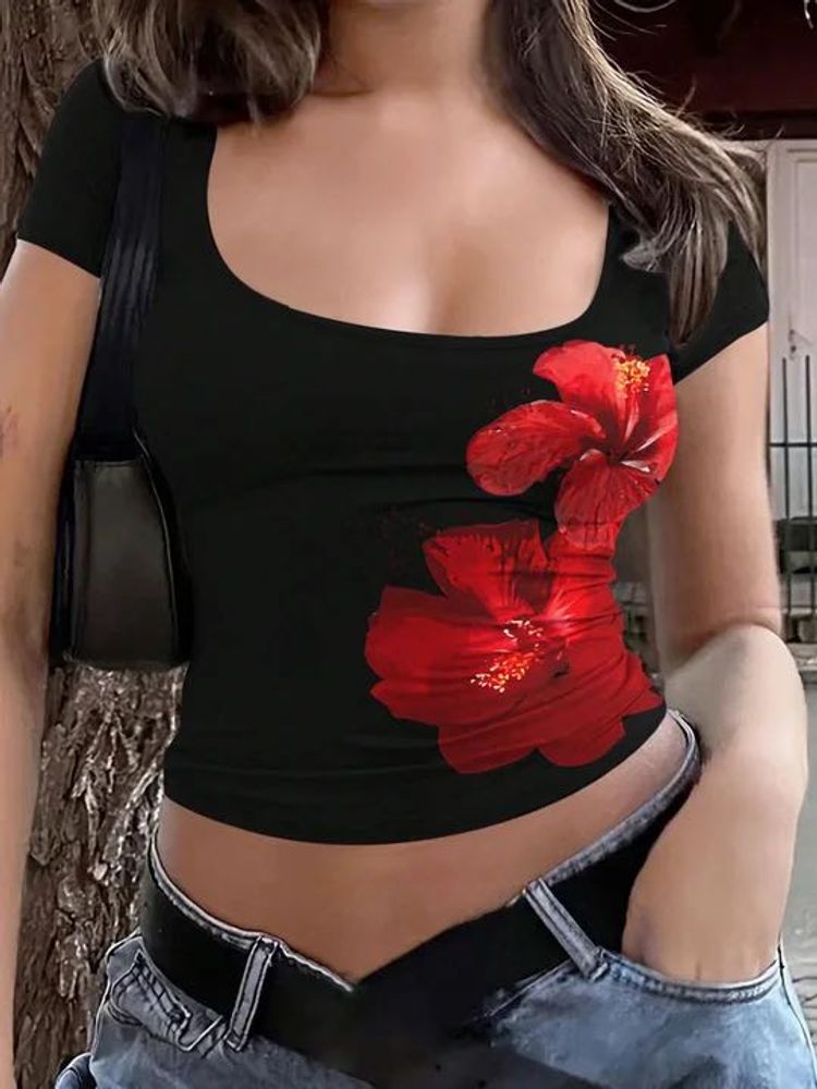 Cute Black Floral Print Crop Top
