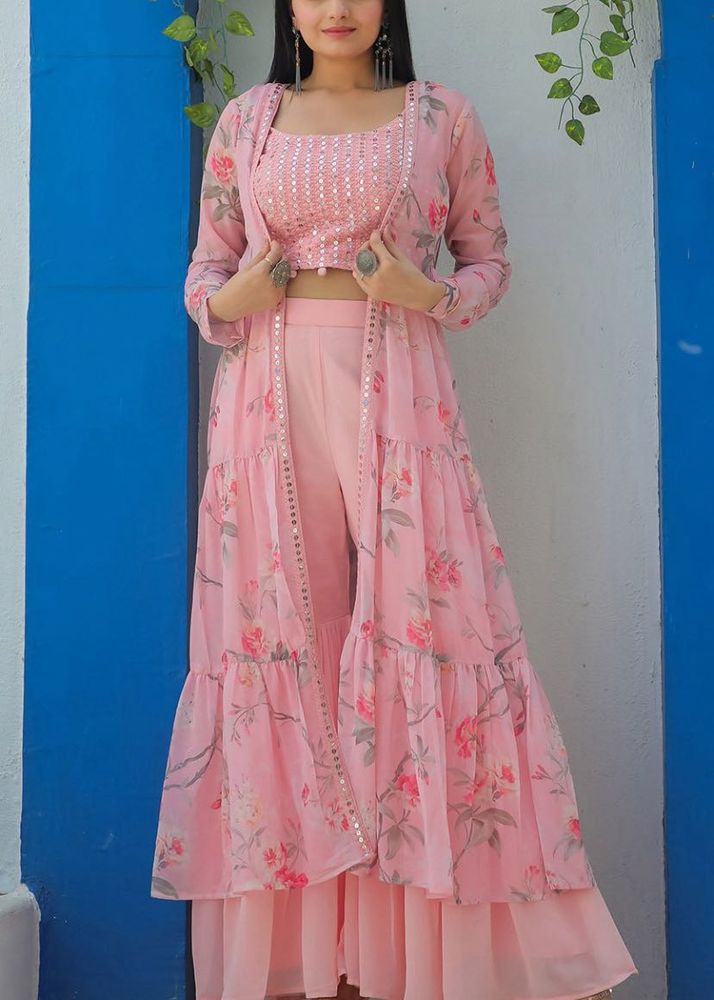 Embroidered Mirror Work Top With Sharara &amp; Shrug
