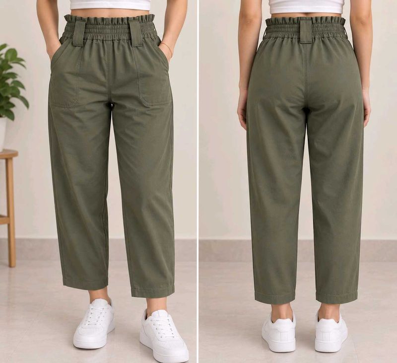 Stylish Olive Green Paperbag Waist Pants