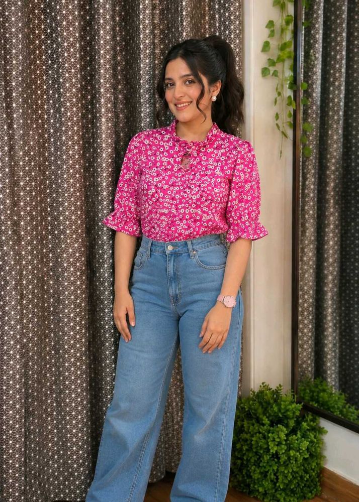 Chic Pink Floral Blouse with Tie-Up Neck
