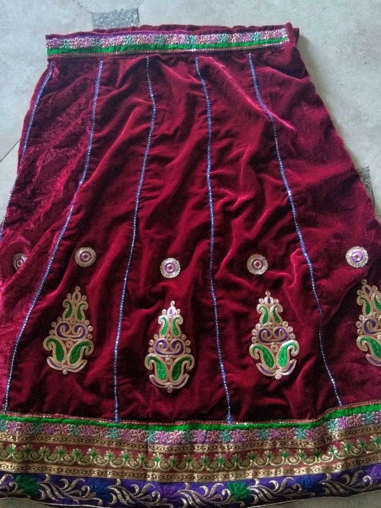 Maroon Velvet Skirt with Embroidery