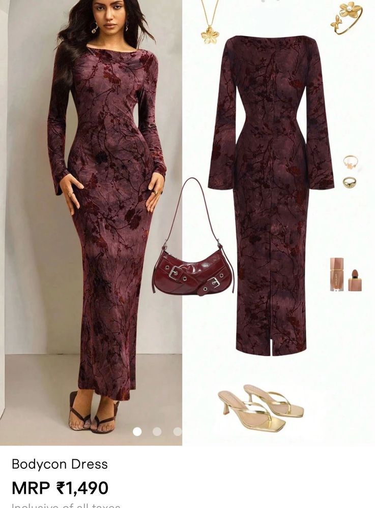 Burgundy Floral Bell Sleeve Maxi Dress