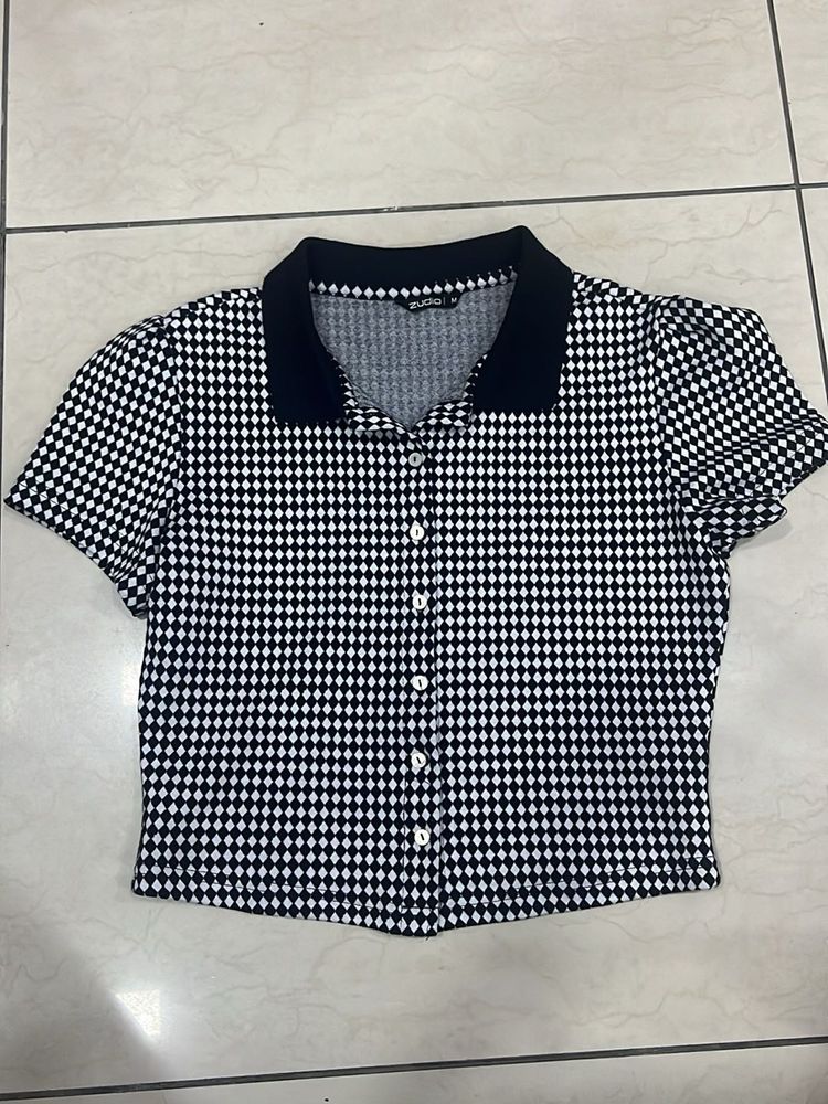 Chic Black &amp; White Gingham Polo Top