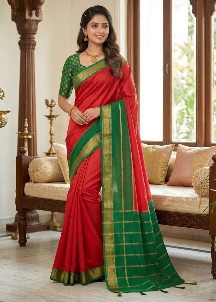 Elegant Silk Saree with zari border 💚 blouse