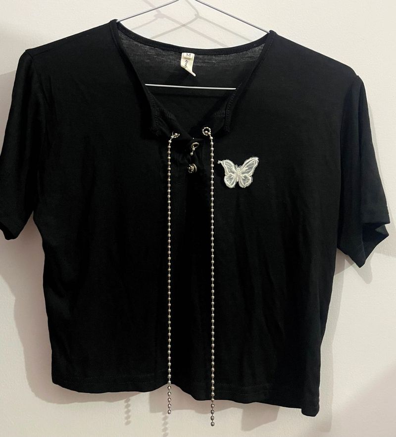 Black Butterfly Lace-Up Crop Top