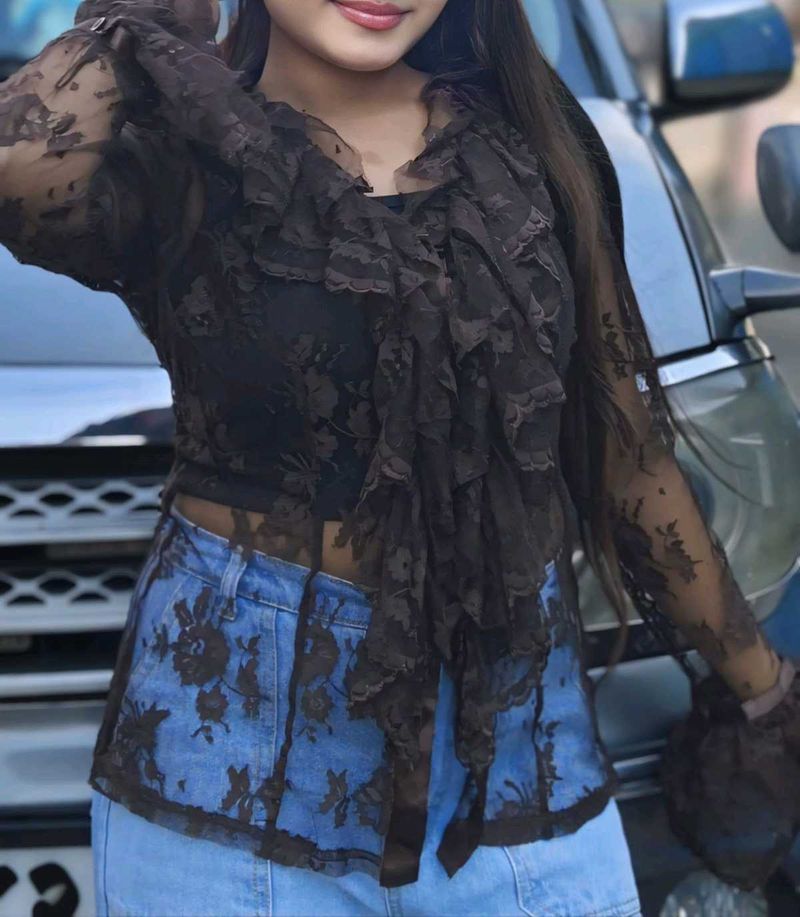 Sheer Lace Ruffle Top