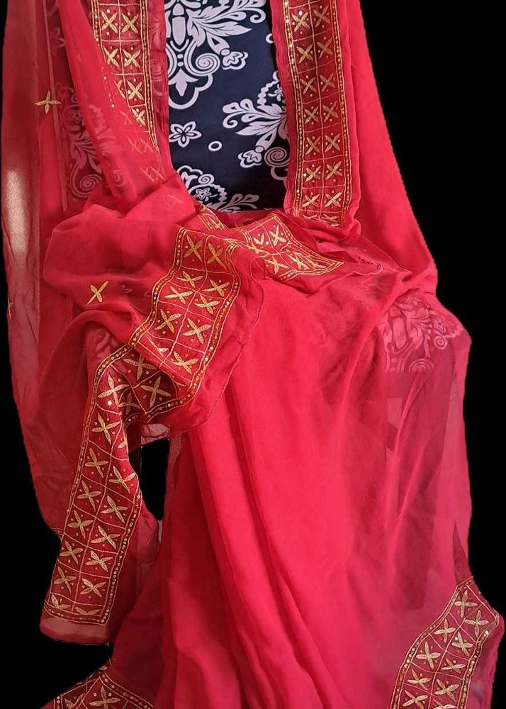 Red Pure Chiffon saree with Heavy kasab work