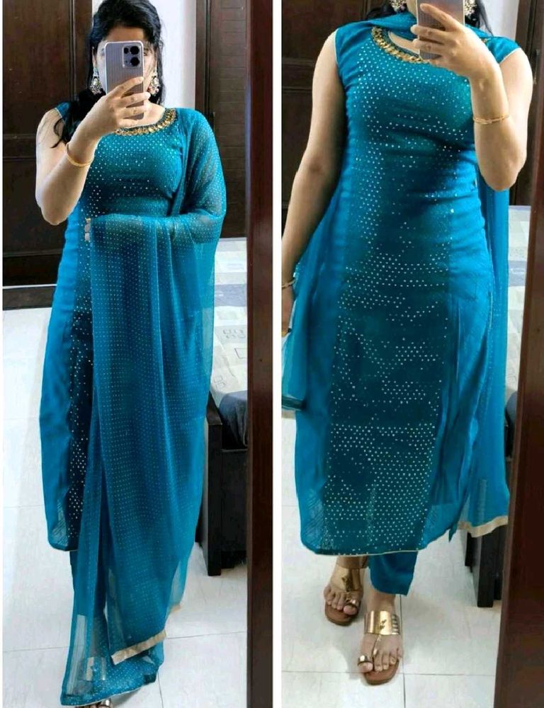 Teal Sequined Georgette Kurta Set with Dupatta