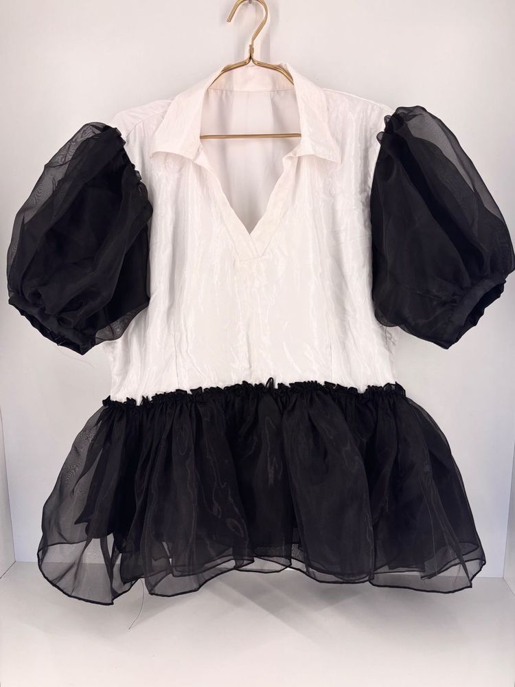 White &amp; Black Puff Sleeve Dress