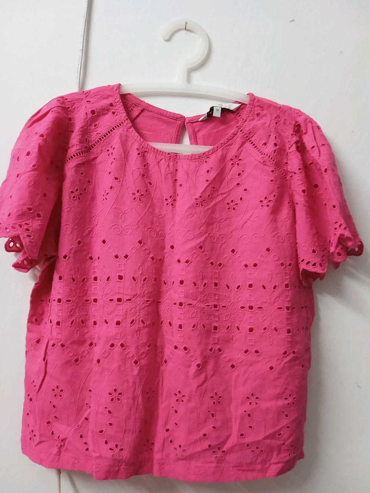 Bright Pink Eyelet Short Sleeve Top