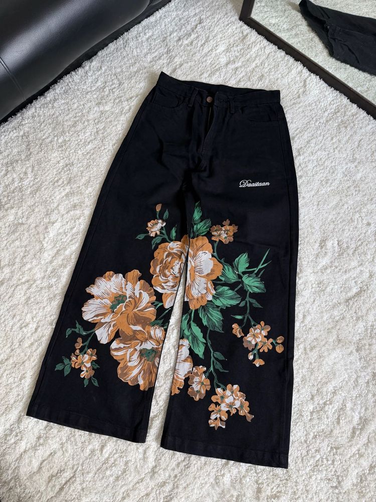 Floral Wide Leg Black Jeans