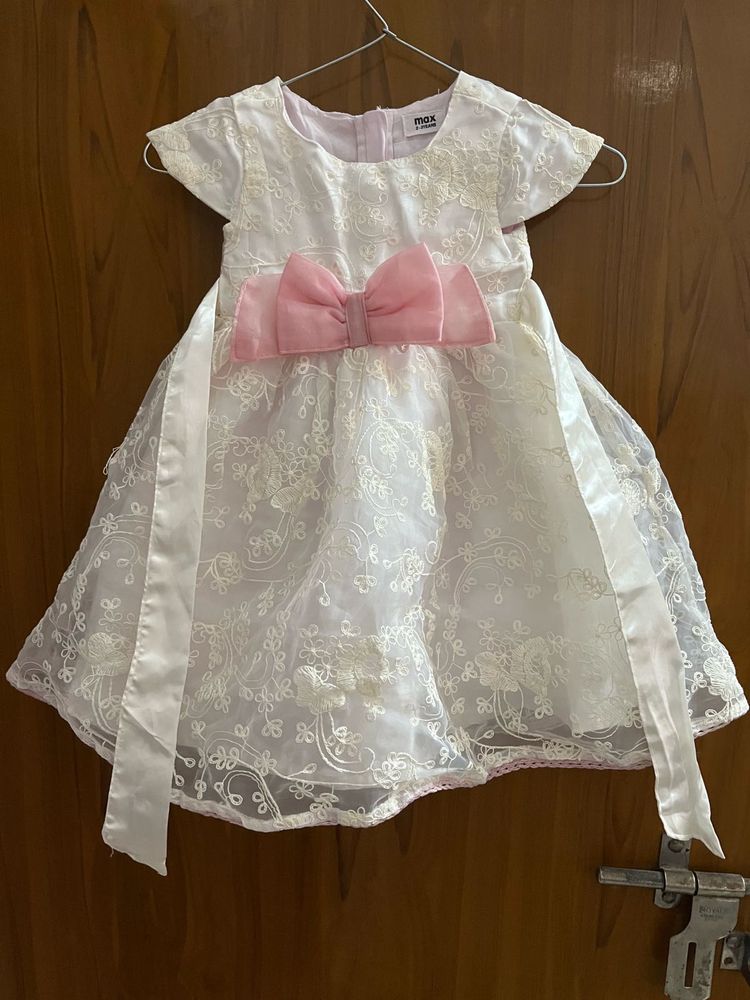 White Lace Party Dress with Pink Bow
