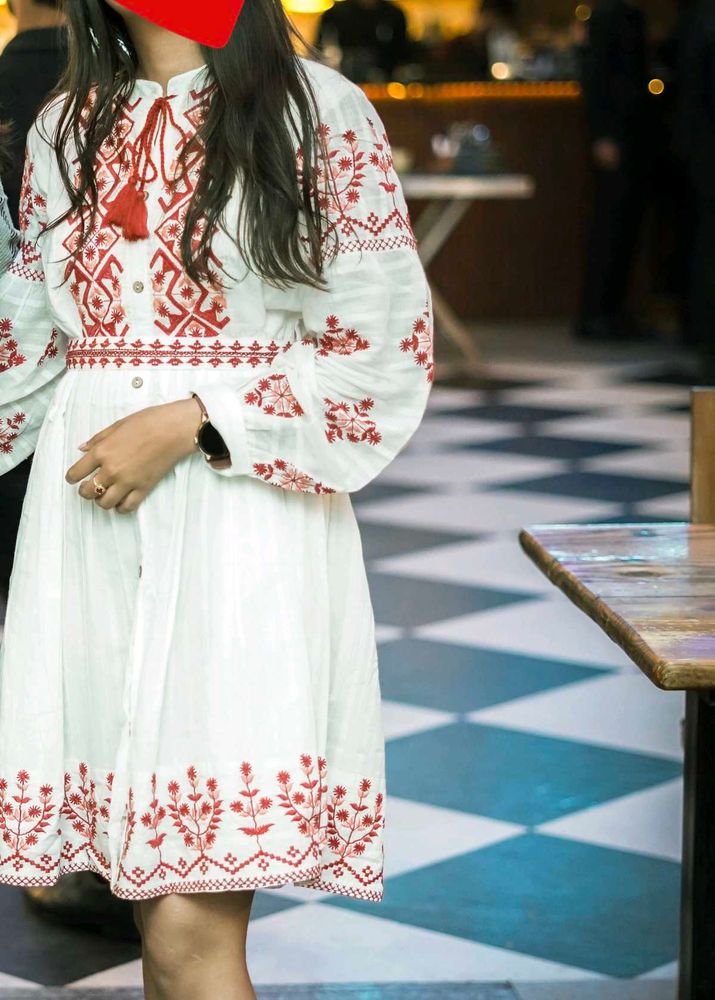 Embroidered White Dress with Belt