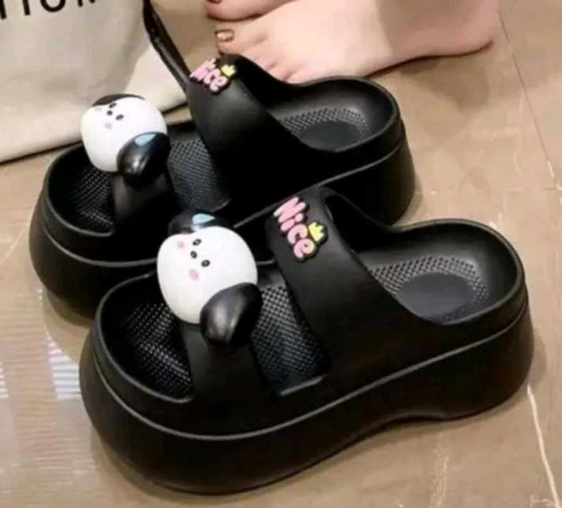 Cute Black Platform Slippers with Charm