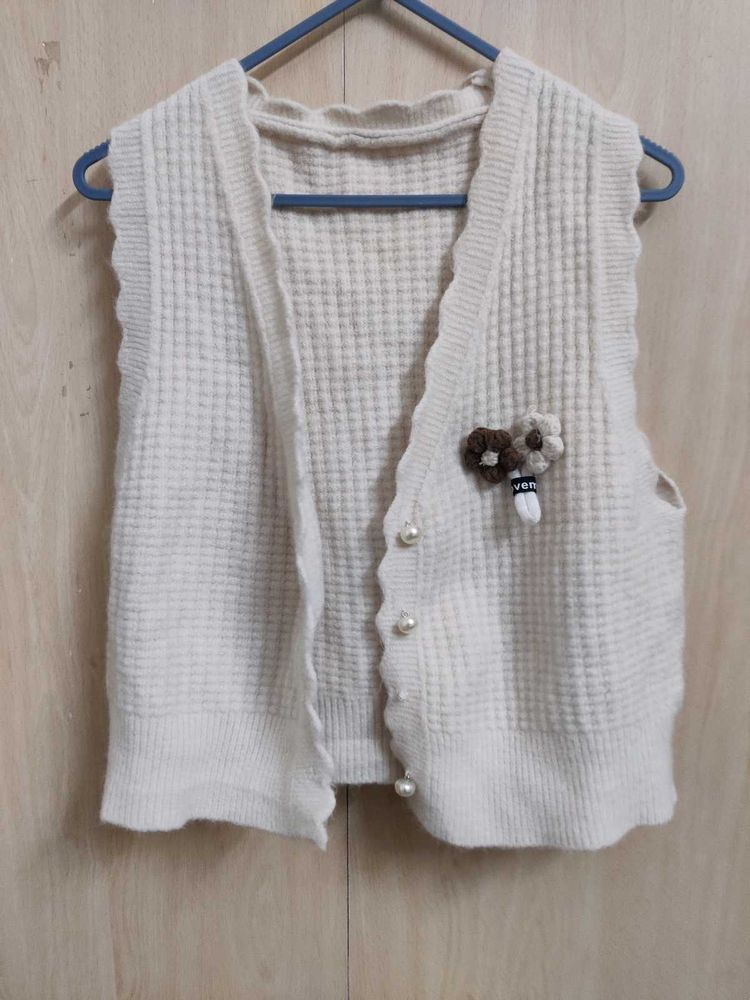 Cream Waffle Knit Vest with Pearls