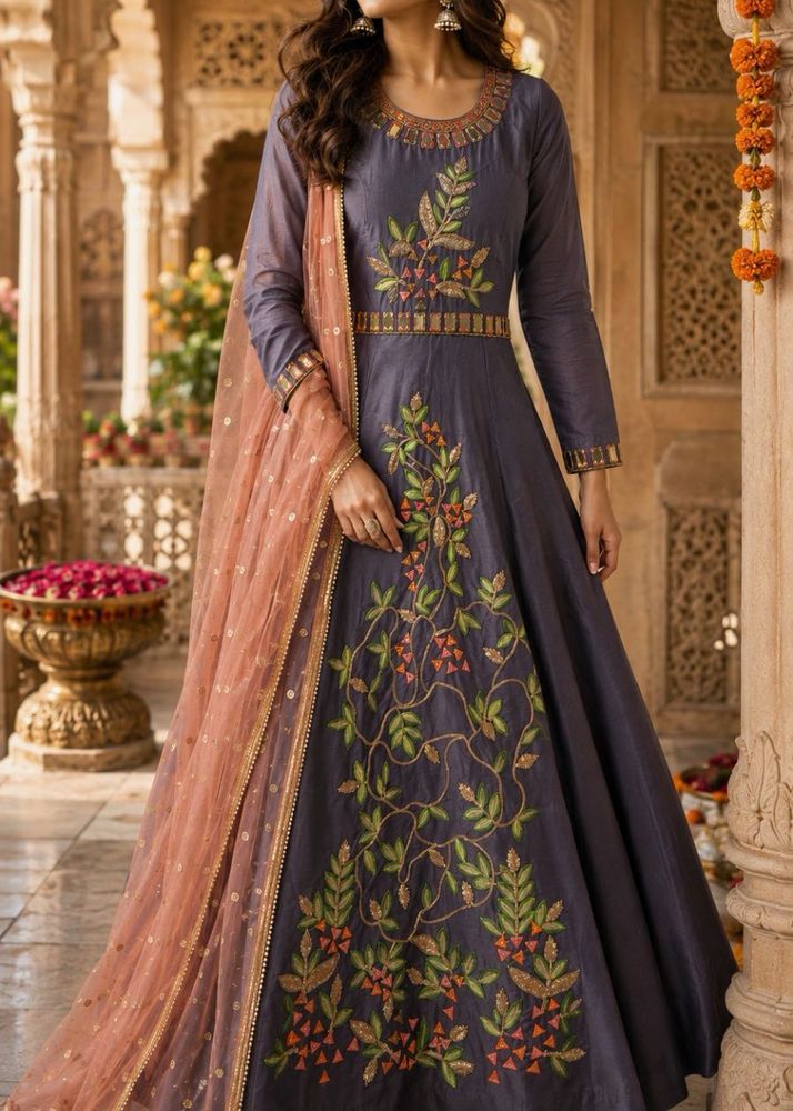 Elegant Embroidered Gown with Dupatta