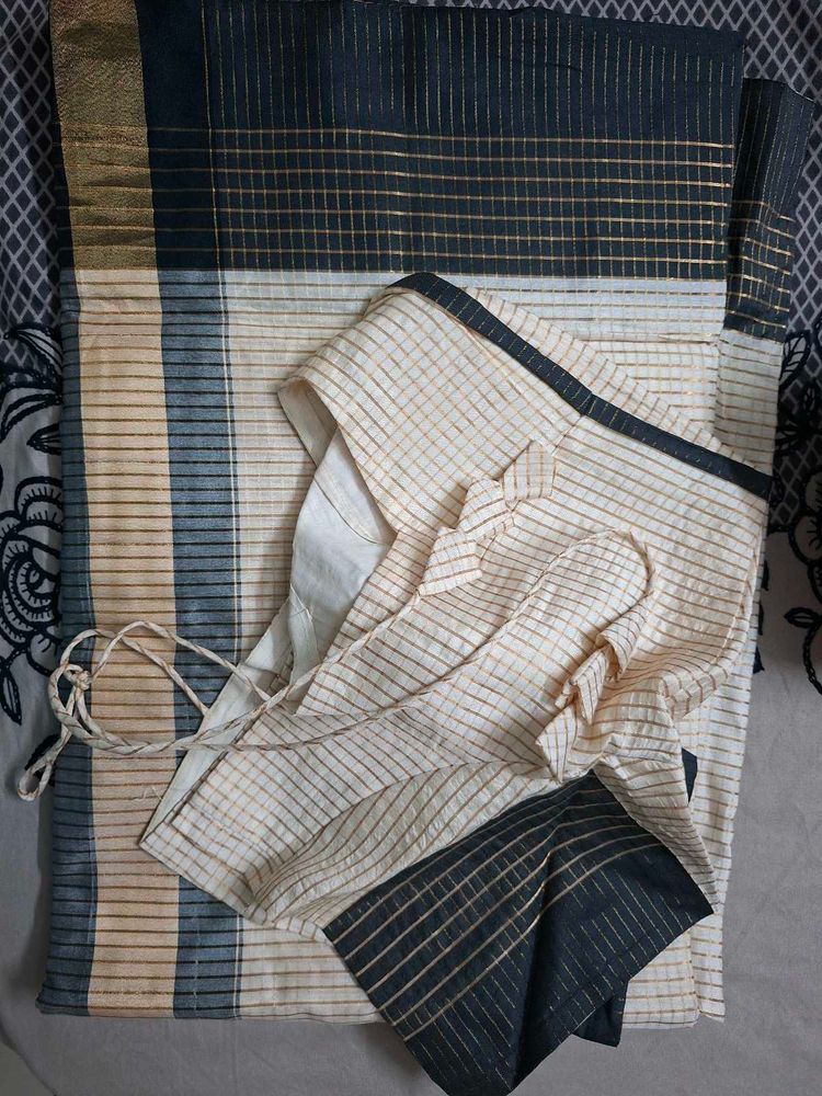 Elegant Striped white and black Saree with Blouse