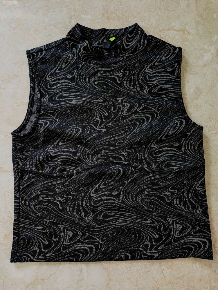 Sleek Black &amp; Silver Swirl Mock Neck Top