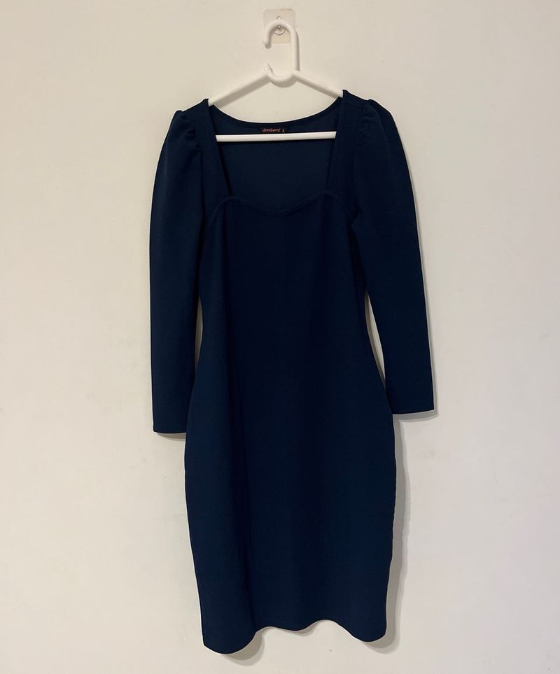 Navy Blue Square Neck Puff Sleeve Dress