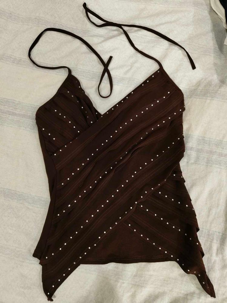 Brown Halter Neck Embellished Top
