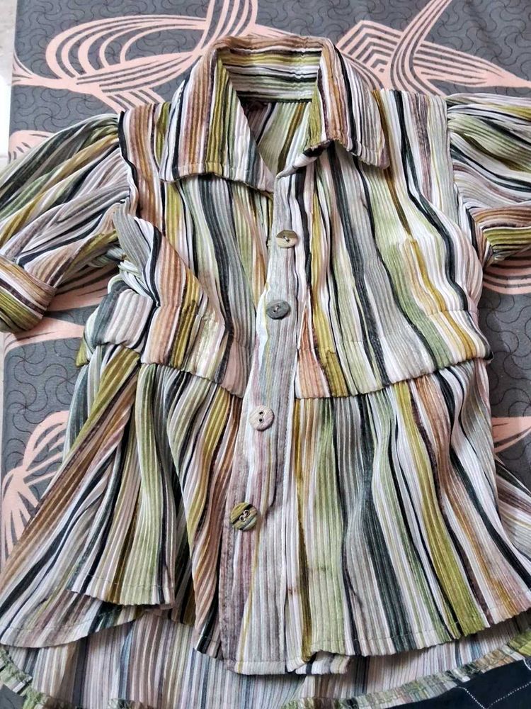 Pleated Striped Button-Up Shirt
