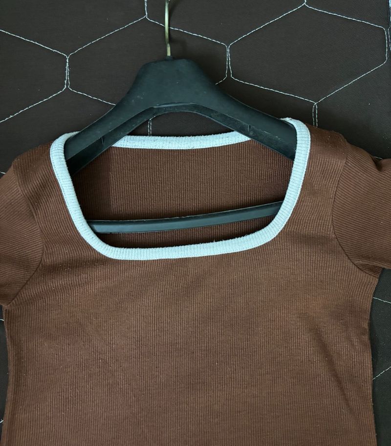 Brown Ribbed Square Neck Top