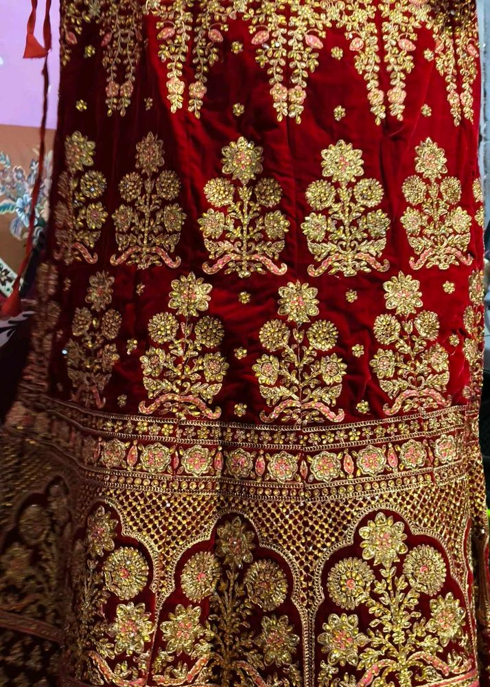 Exquisite Red Velvet Lehenga with Golden Embroider