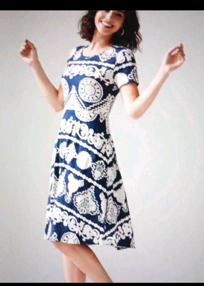Stylish Navy &amp; White Print Dress